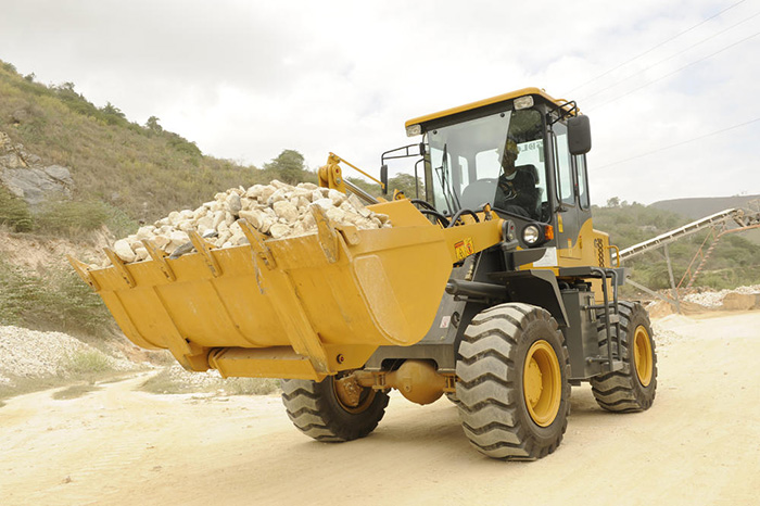 Cargadora SDLG, transportando piedra, vegetación al fondo.