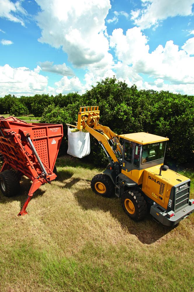 Una cargadora SDLG LG918 transfiriendo la carga naranja a otra máquina roja, al fondo una plantación