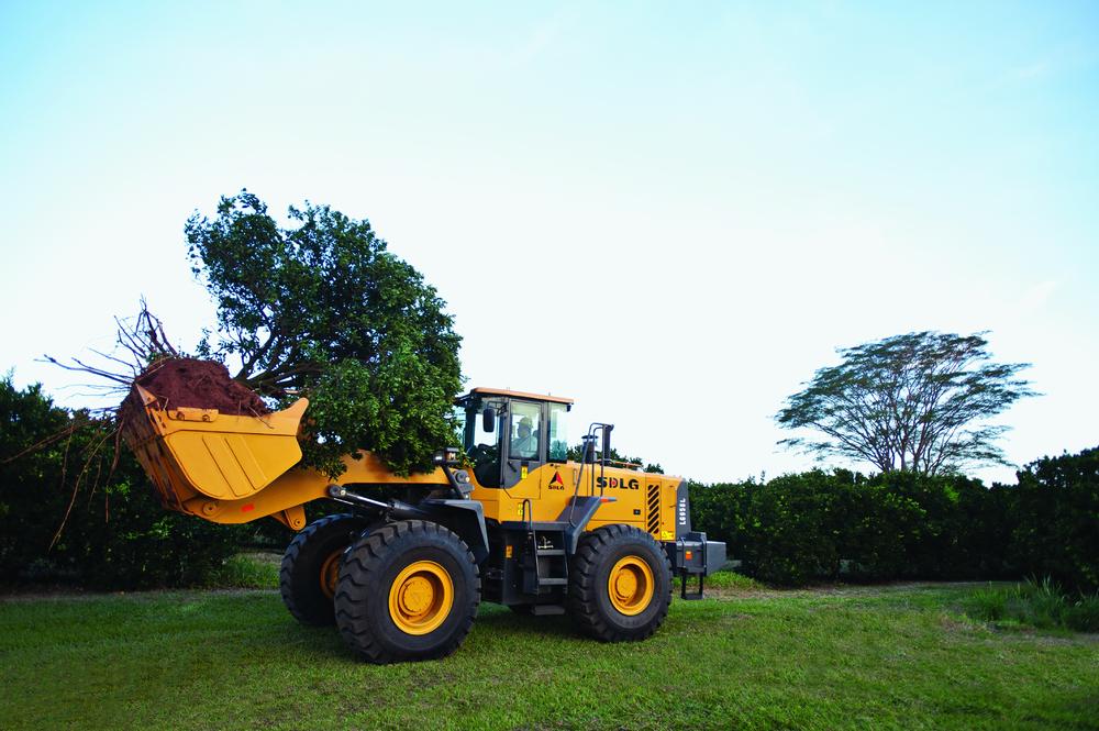 Cargadora SDLG que transporta un árbol y tierra en medio de una plantación verde